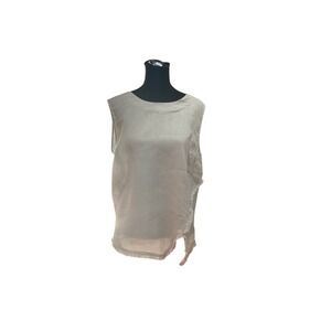 DKNY Women Beige Linen Sleeveless Asymmetric Fringe Trim Zip Back Top Large